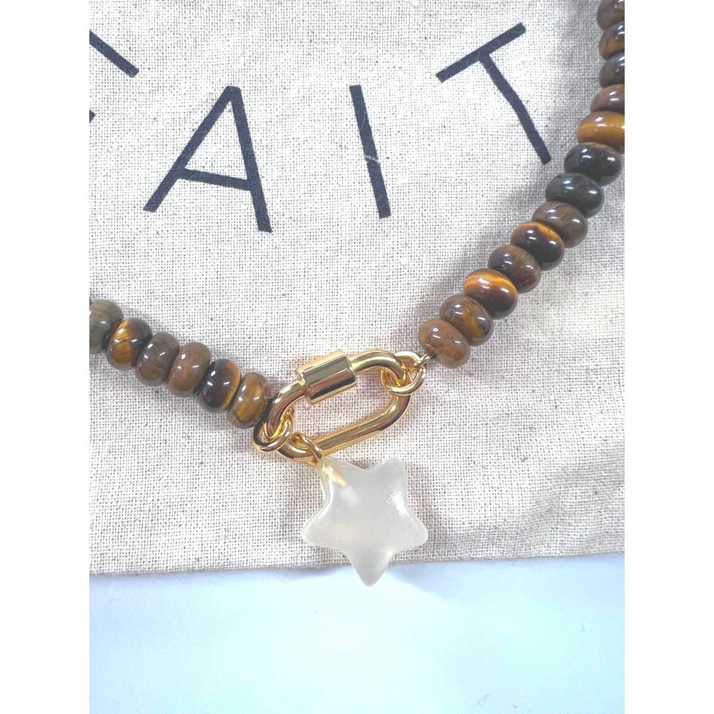Madewell Semiprecious Tiger's Eye Bead Star Charm Necklace Gold Tone NWT - Picture 3 of 4